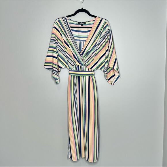 Lulu’s Rainbow High Potential Blush Multi Stripe Dolman Sleeve Dress Size Small - Picture 2 of 7